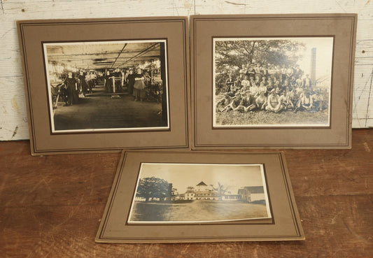 Lot 056 - Trio Of Antique Boarded Occupational Photos Of A Factory And Its Workers, Interior And Exterior, Including Machinery, Flange Signs, And More