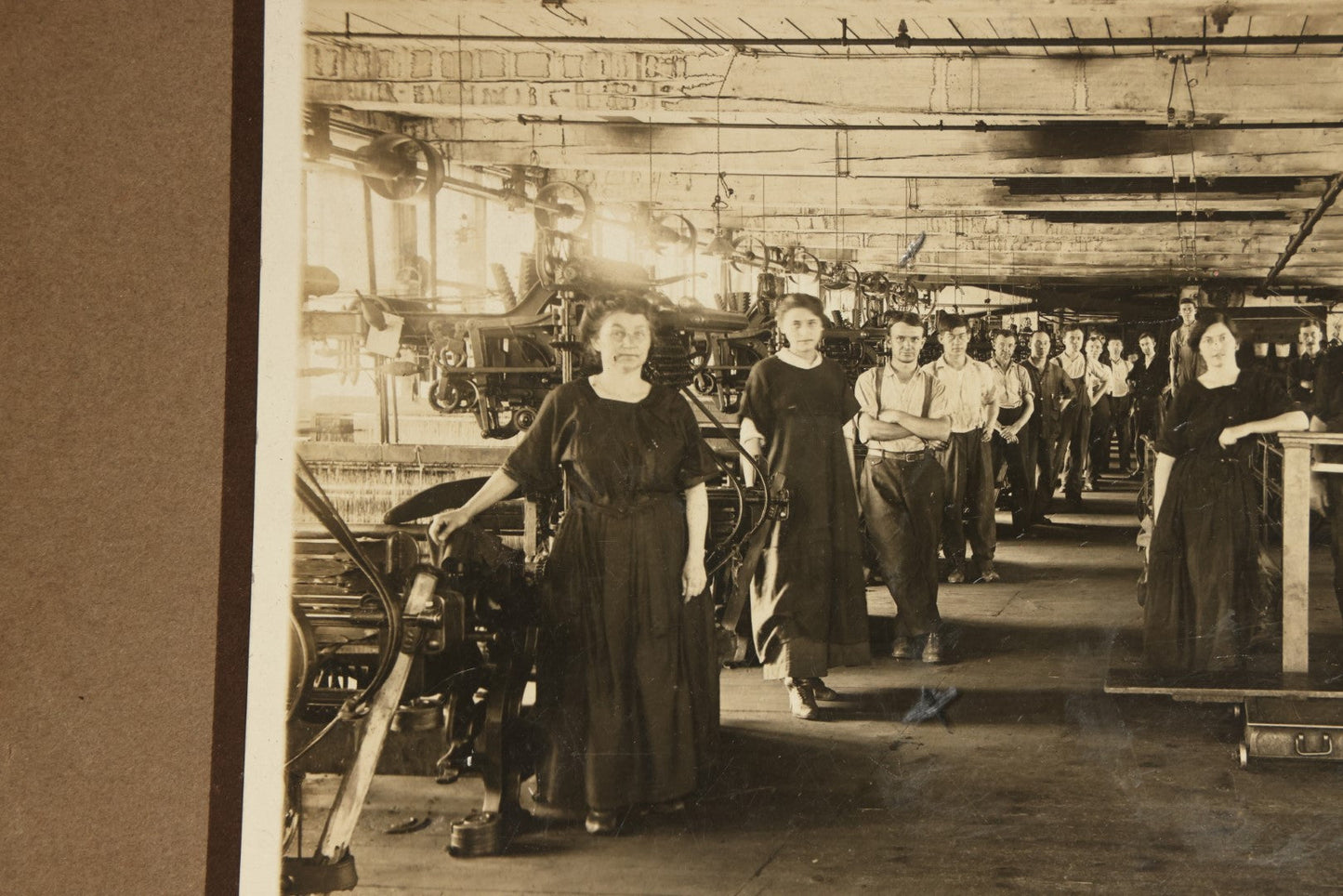 Lot 056 - Trio Of Antique Boarded Occupational Photos Of A Factory And Its Workers, Interior And Exterior, Including Machinery, Flange Signs, And More