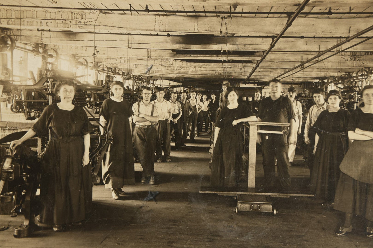 Lot 056 - Trio Of Antique Boarded Occupational Photos Of A Factory And Its Workers, Interior And Exterior, Including Machinery, Flange Signs, And More