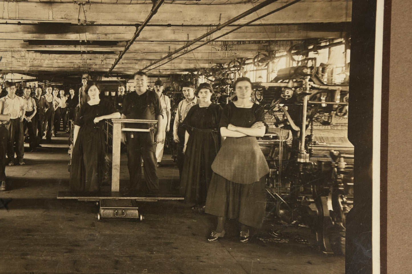 Lot 056 - Trio Of Antique Boarded Occupational Photos Of A Factory And Its Workers, Interior And Exterior, Including Machinery, Flange Signs, And More