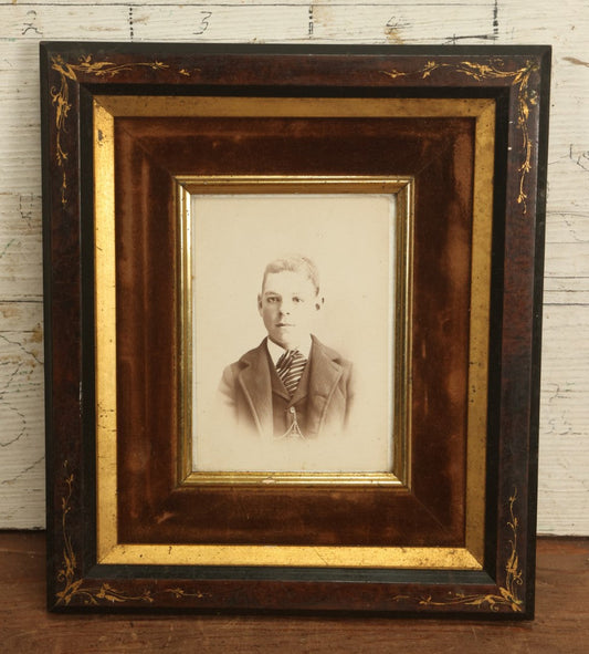 Lot 057 - Antique Cabinet Card Photo Of A Young Man In A Tie In Deep Frame With Velvet Surround, Gilded Embellishments