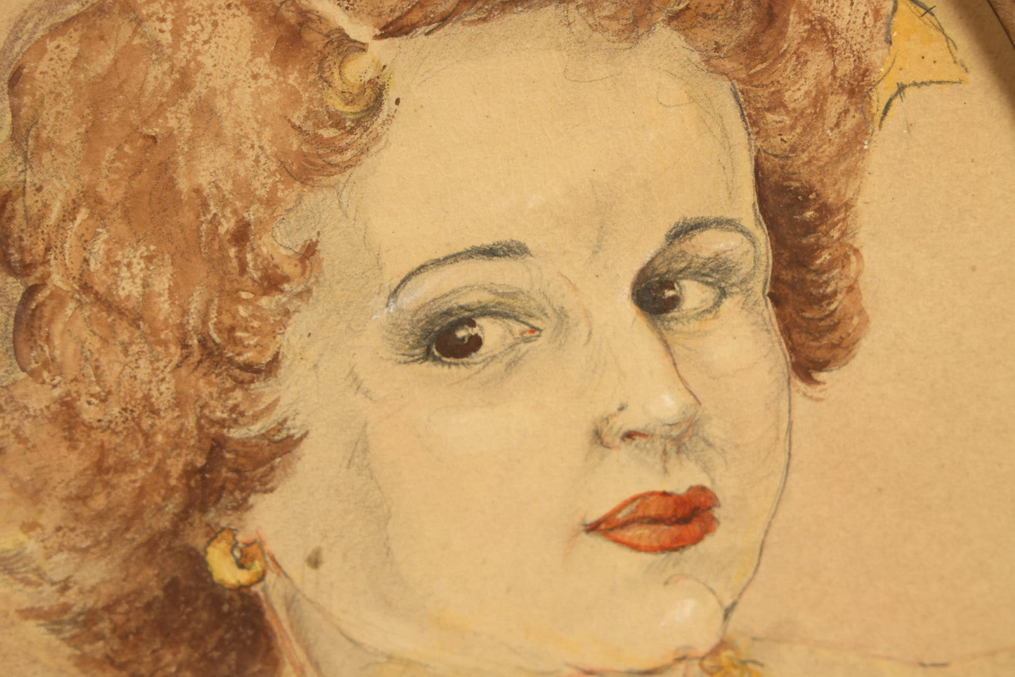 Lot 059 - Odd Original Drawing / Watercolor Of A Woman With Red Lipstick And Golden Necklace, In Oval Frame