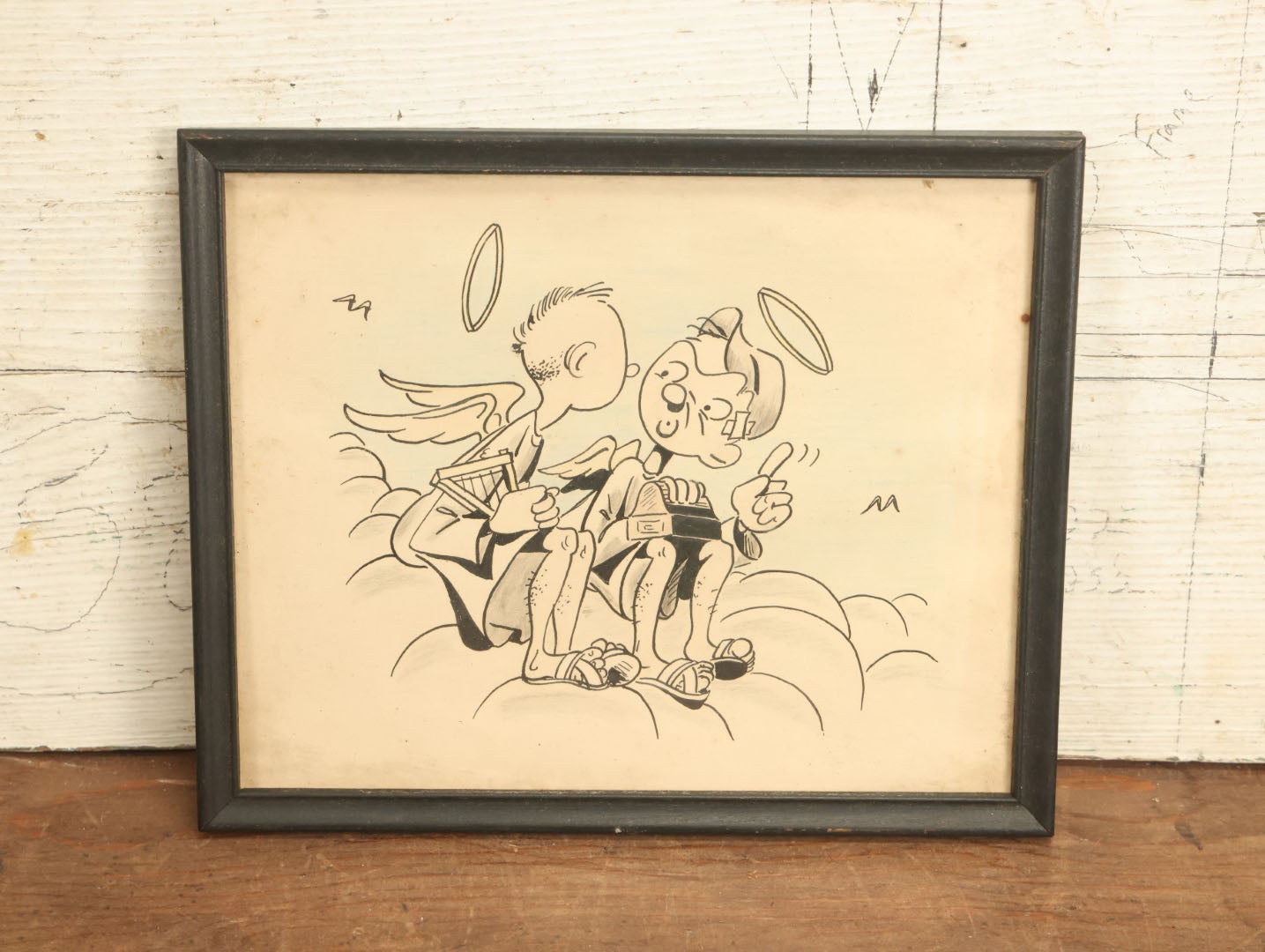 Lot 062 - Vintage Framed Original Drawing Of Two Cartoonish Angels Sitting In The Clouds, Artist Unknown