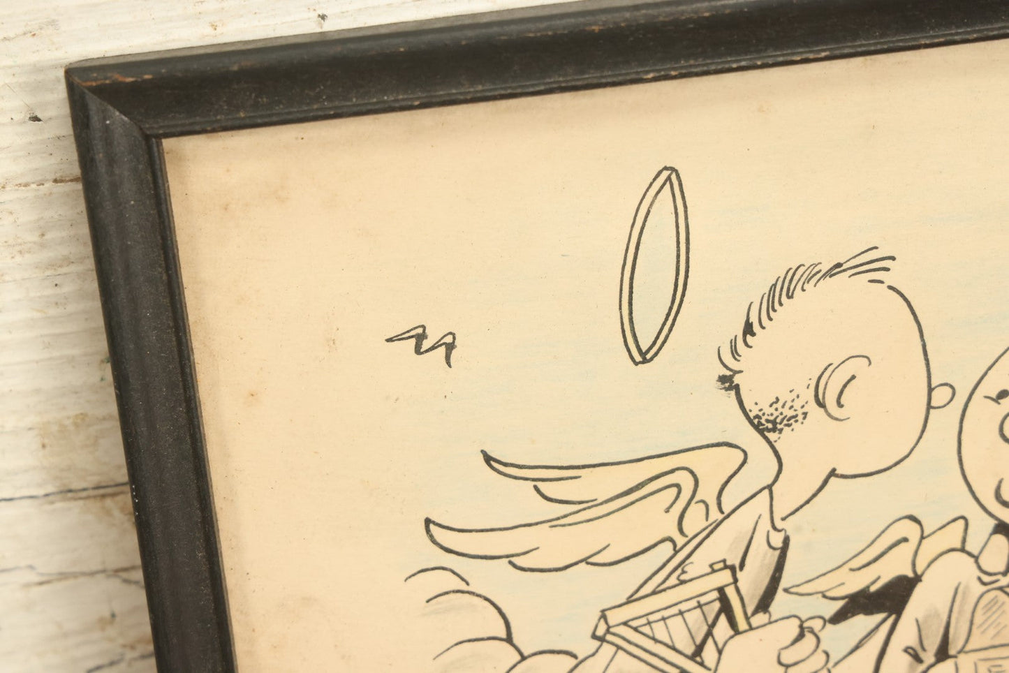 Lot 062 - Vintage Framed Original Drawing Of Two Cartoonish Angels Sitting In The Clouds, Artist Unknown