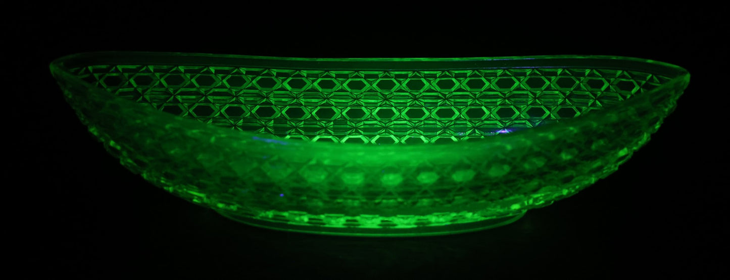 Lot 066 - Vintage Yellow Uranium Vaseline Glass Boat Dish, Glows Under Black Light, Various Minor Chipping