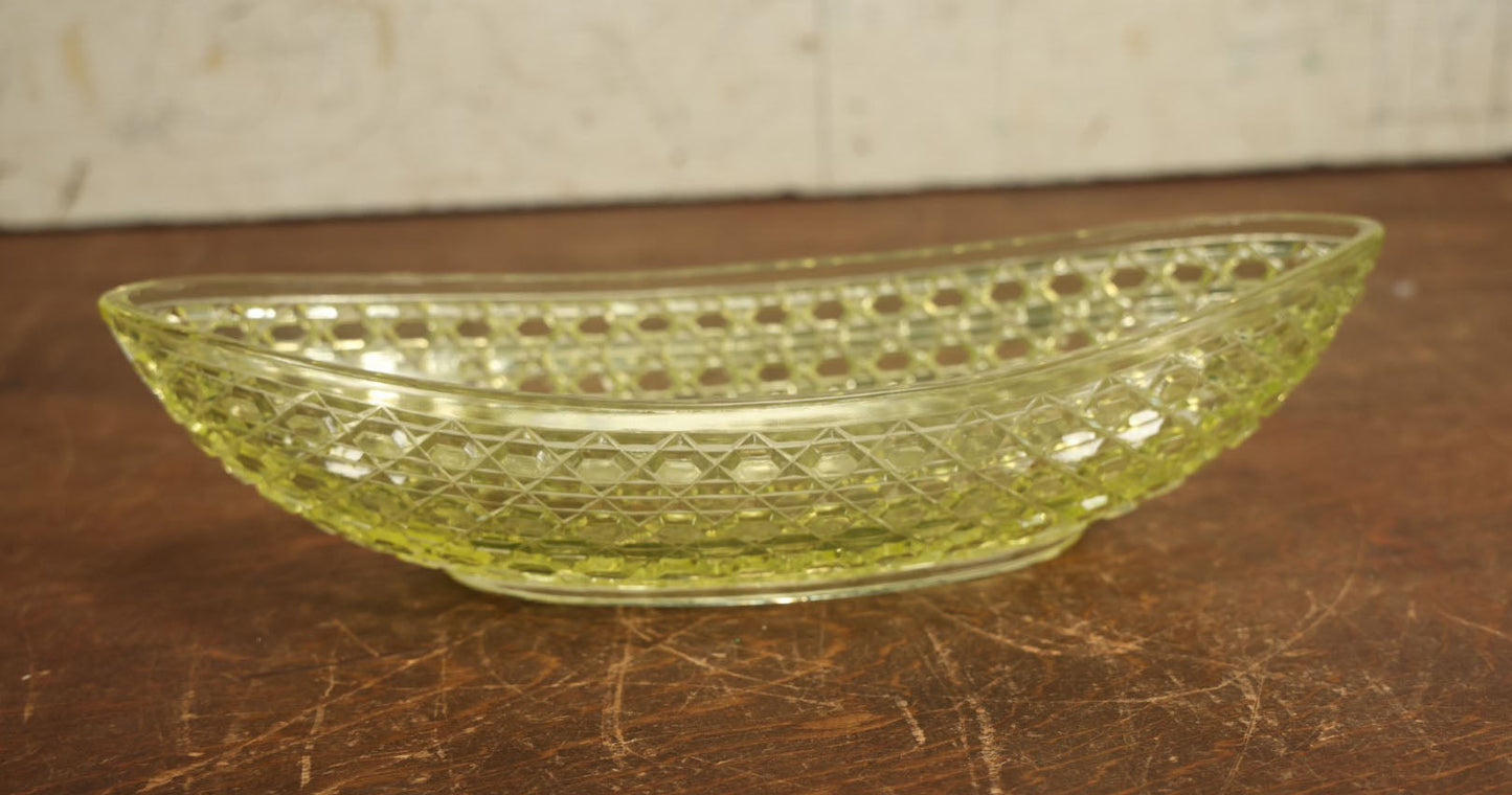 Lot 066 - Vintage Yellow Uranium Vaseline Glass Boat Dish, Glows Under Black Light, Various Minor Chipping