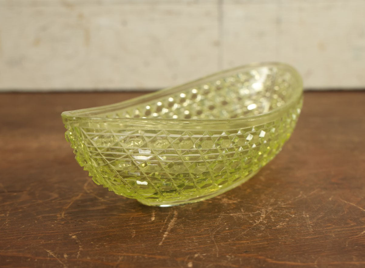 Lot 066 - Vintage Yellow Uranium Vaseline Glass Boat Dish, Glows Under Black Light, Various Minor Chipping