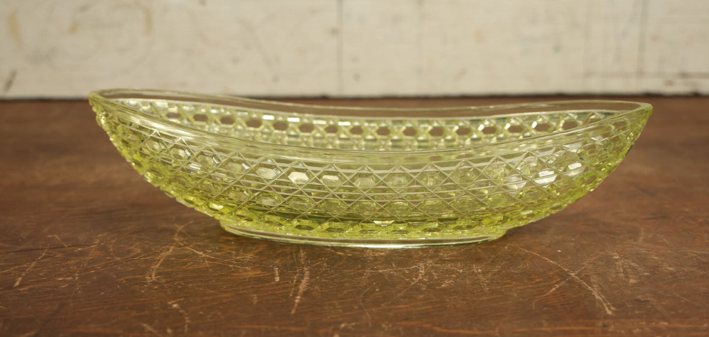 Lot 066 - Vintage Yellow Uranium Vaseline Glass Boat Dish, Glows Under Black Light, Various Minor Chipping