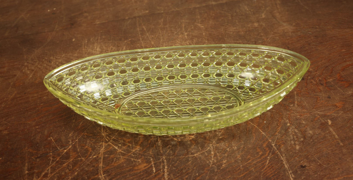 Lot 066 - Vintage Yellow Uranium Vaseline Glass Boat Dish, Glows Under Black Light, Various Minor Chipping