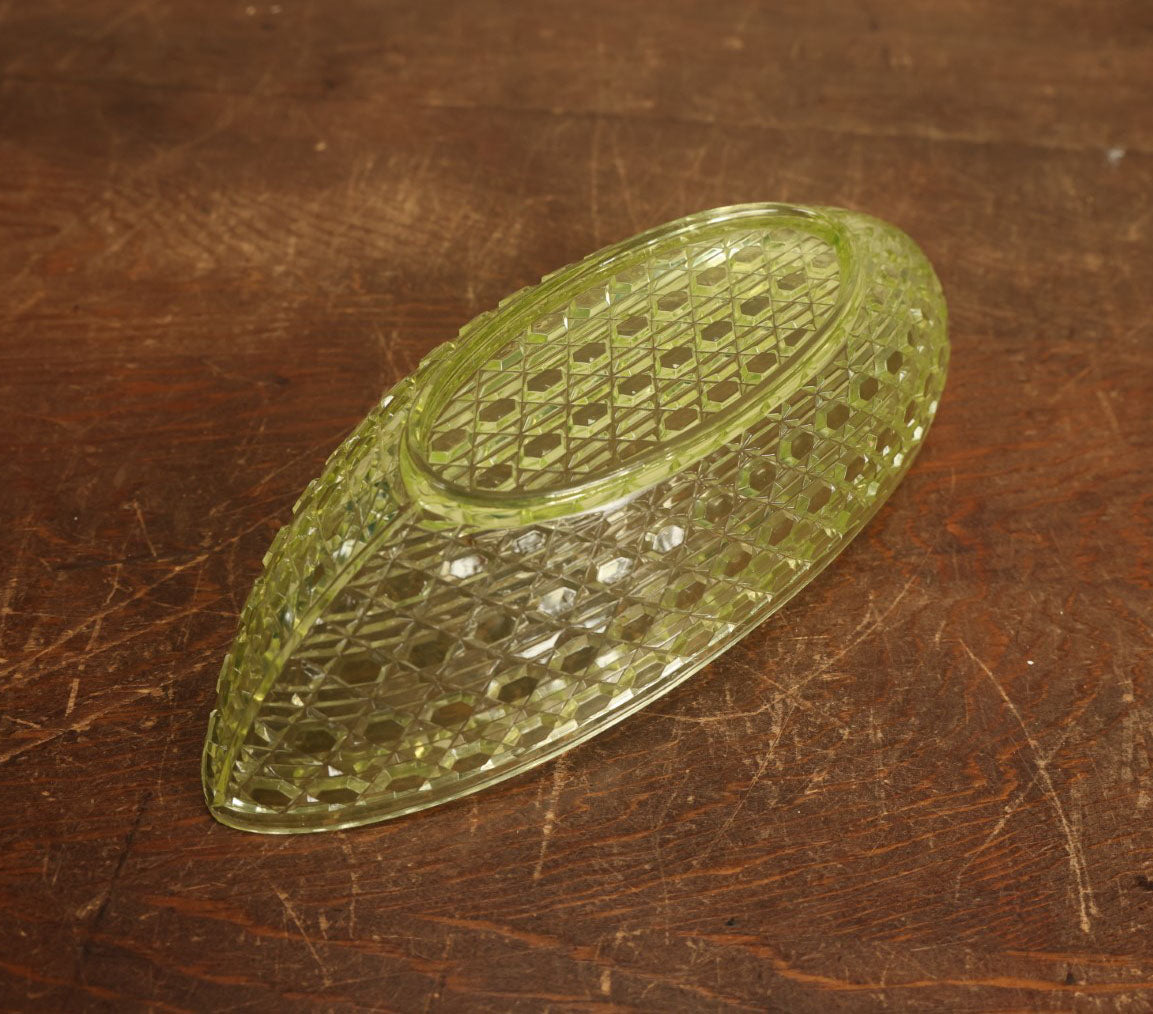 Lot 066 - Vintage Yellow Uranium Vaseline Glass Boat Dish, Glows Under Black Light, Various Minor Chipping