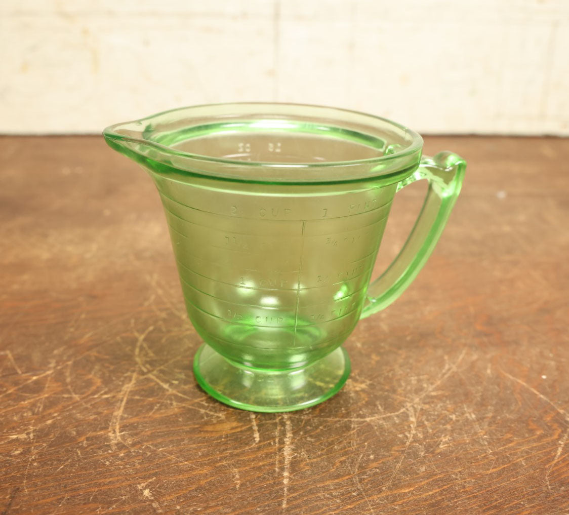 Lot 067 - Vintage Green Uranium Vaseline Glass T & S Mixer Base 2 Cup Measurer, Hand Made In The U.S.A., Glows Under Black Light, Various Minor Chipping