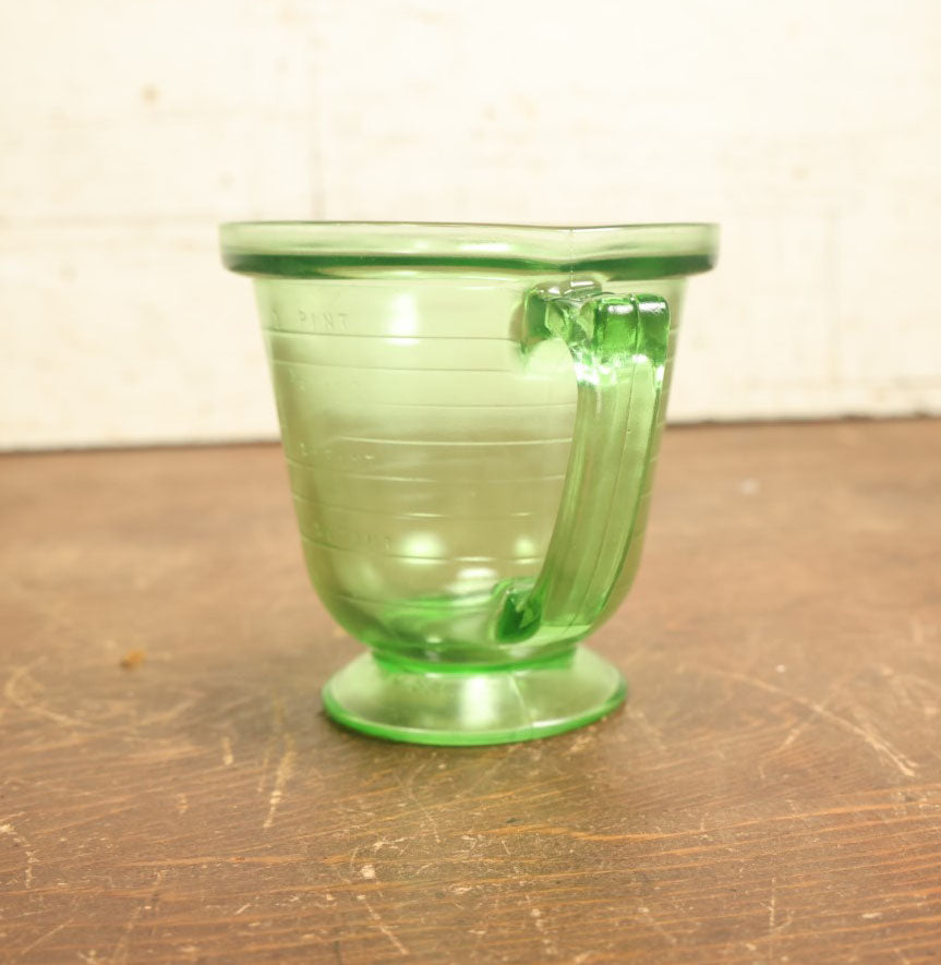 Lot 067 - Vintage Green Uranium Vaseline Glass T & S Mixer Base 2 Cup Measurer, Hand Made In The U.S.A., Glows Under Black Light, Various Minor Chipping