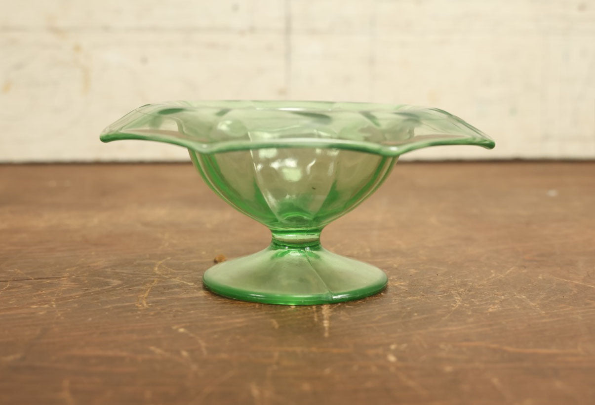 Lot 068 - Vintage Green Uranium Vaseline Glass Footed Compote Bowl Dish With Etched Design, Various Minor Chipping