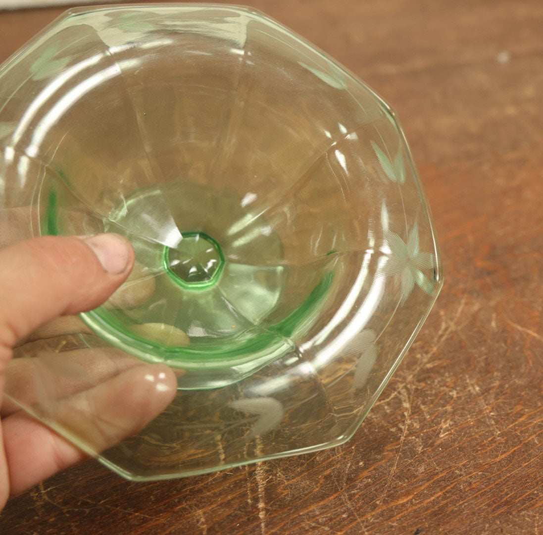 Lot 068 - Vintage Green Uranium Vaseline Glass Footed Compote Bowl Dish With Etched Design, Various Minor Chipping