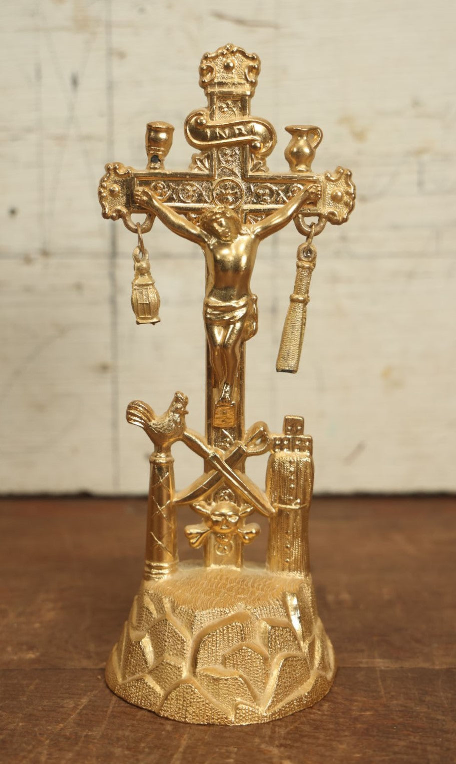 Lot 069 - Antique Brass Weapons Of Christ Altar Crucifix With Skull And Crossbones, "Arma Christi," Would Have Originally Been In A Dome