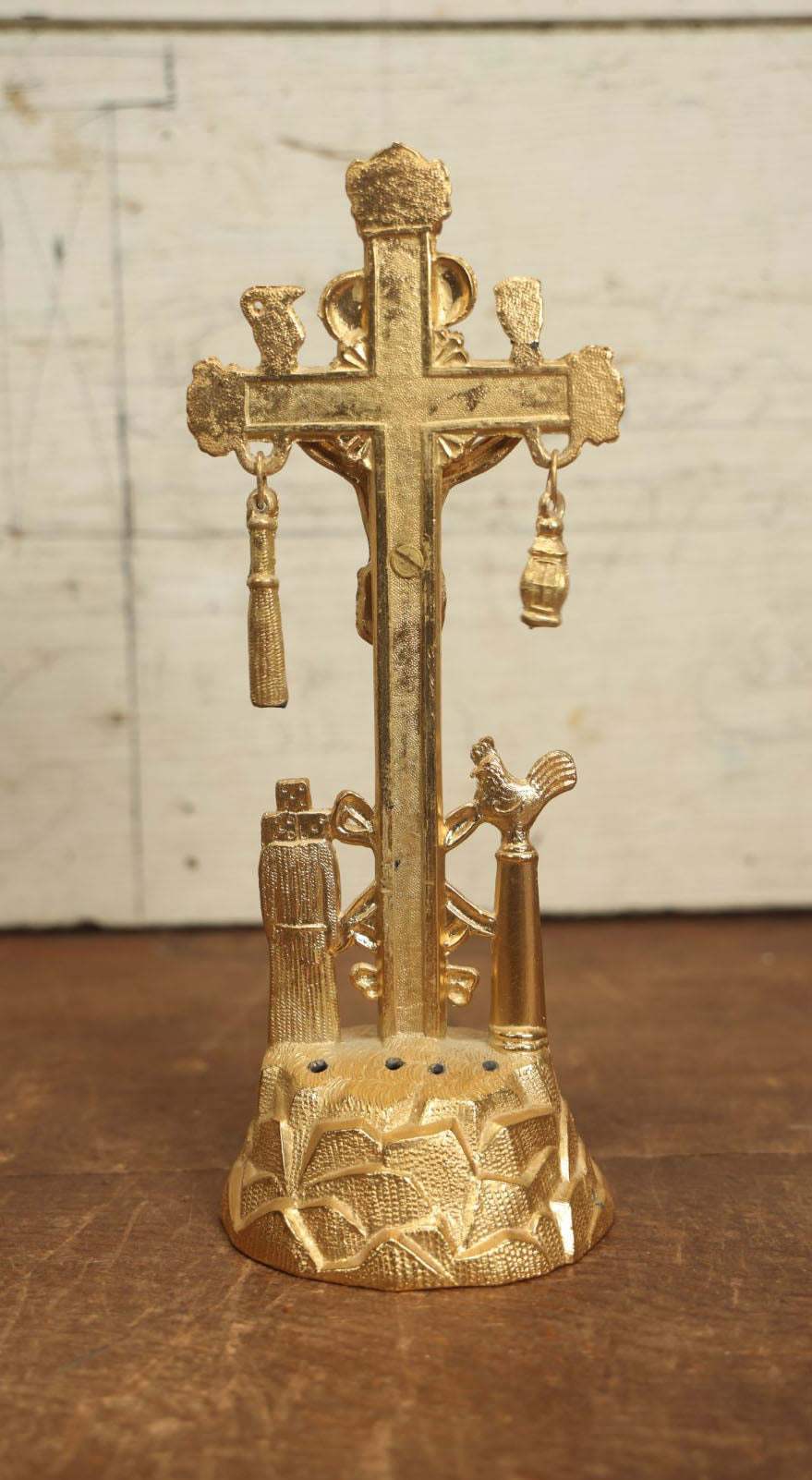 Lot 069 - Antique Brass Weapons Of Christ Altar Crucifix With Skull And Crossbones, "Arma Christi," Would Have Originally Been In A Dome