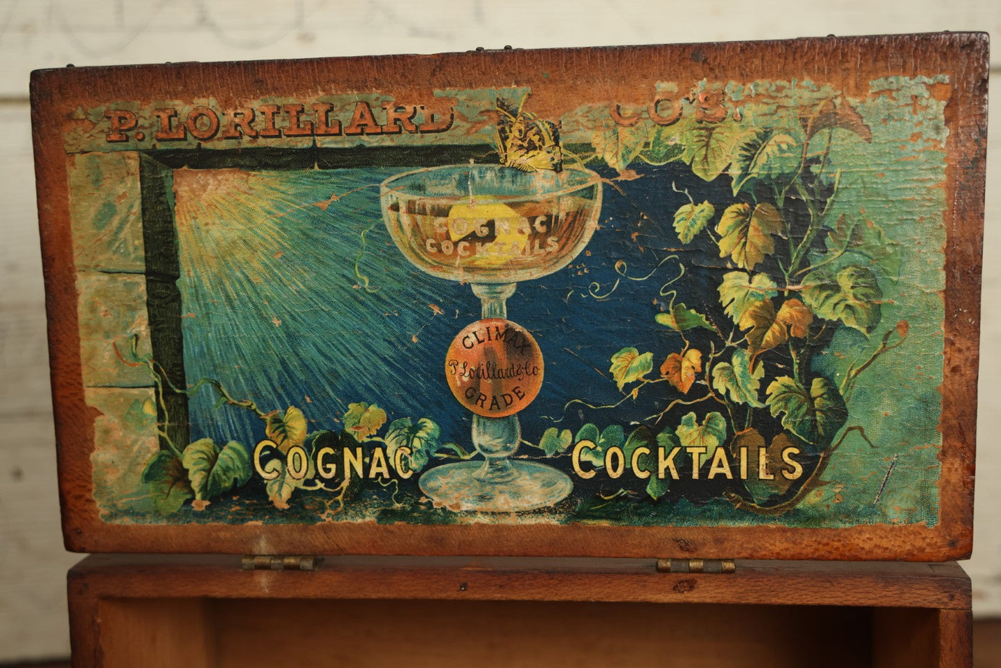 Lot 071 - P. Lorillard Co. Antique Wood Cognac Tobacco Advertising Box With Brass Trim, Label On Interior