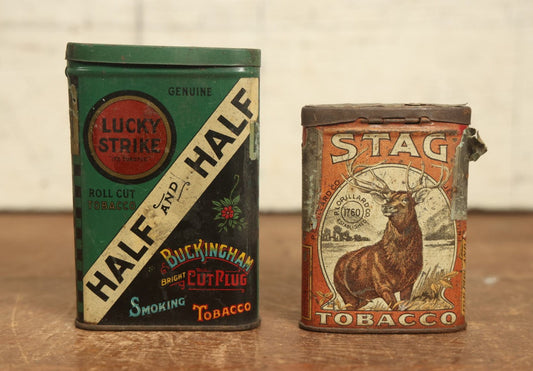 Lot 072 - Pair Of Vintage Tin Lithograph Tobacco Tins - Stag Tobacco And Lucky Strike Half And Half 