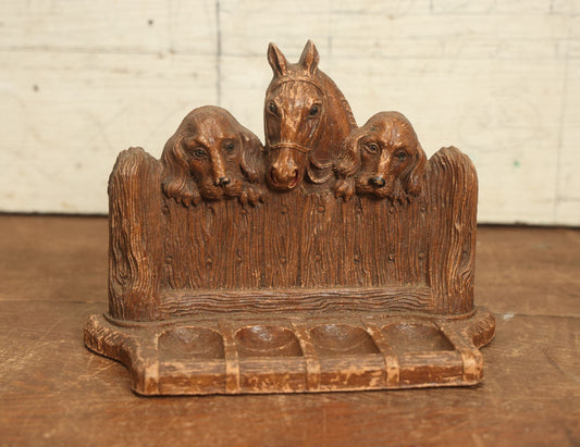 Lot 074 - Vintage Syroco Wood Pipe Rest Stand With Two Dogs And Horse, Made In Syracuse, New York, Room For Four Pipes