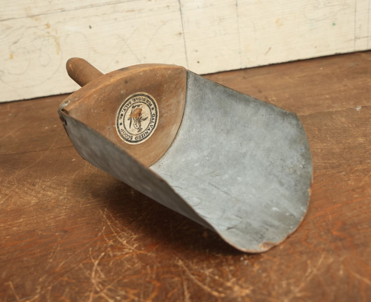 Lot 075 - Vintage Galvanized Steel And Wood Handle Scoop "For Sugar, Saly, Etc." With Paper Label