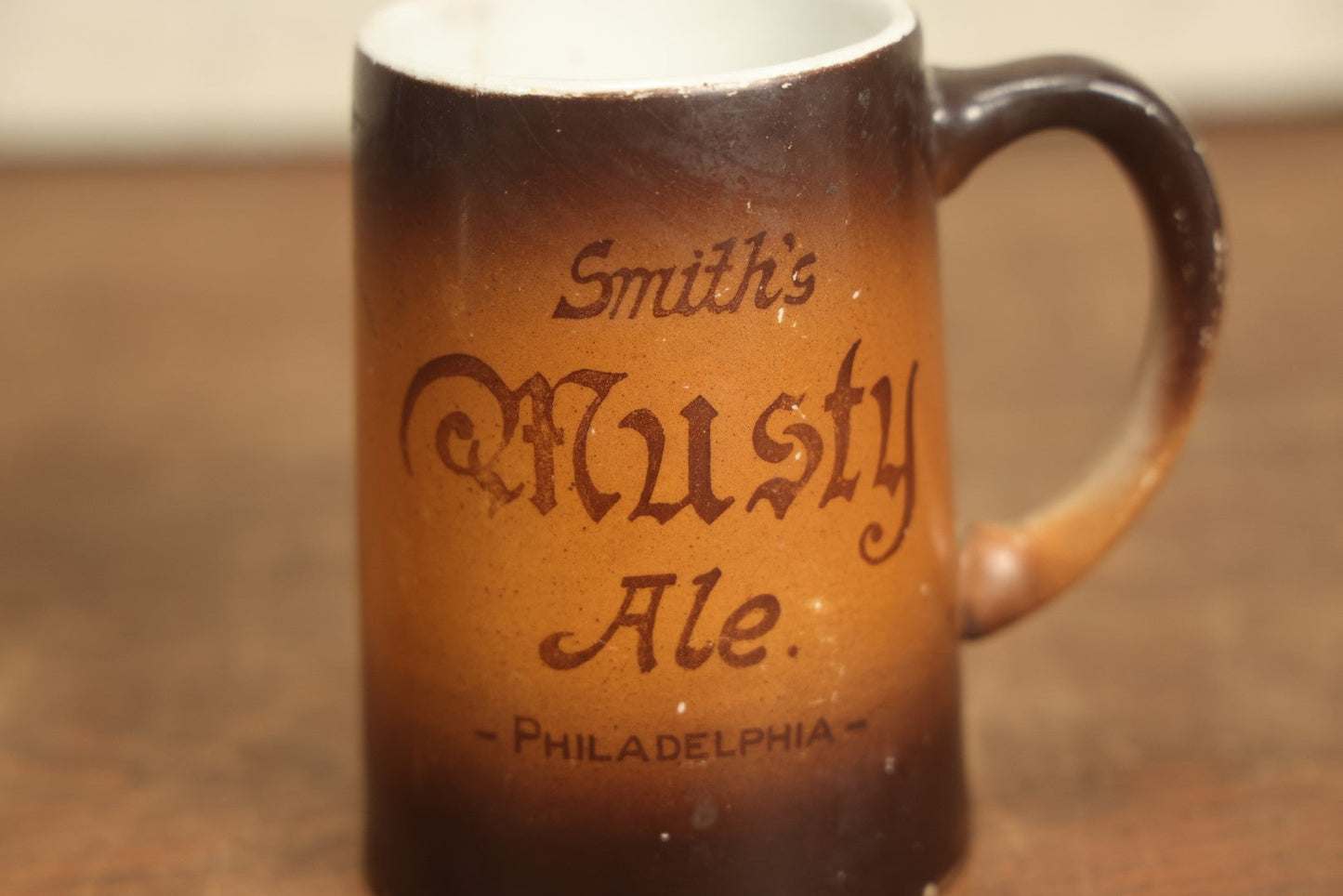 Lot 077 - Antique Smith's Musty Ale, Philadelphia, Pottery Mug, By W.M. William Brunt Pottery Co., East Liverpool, Ohio, Various Wear, Cracks