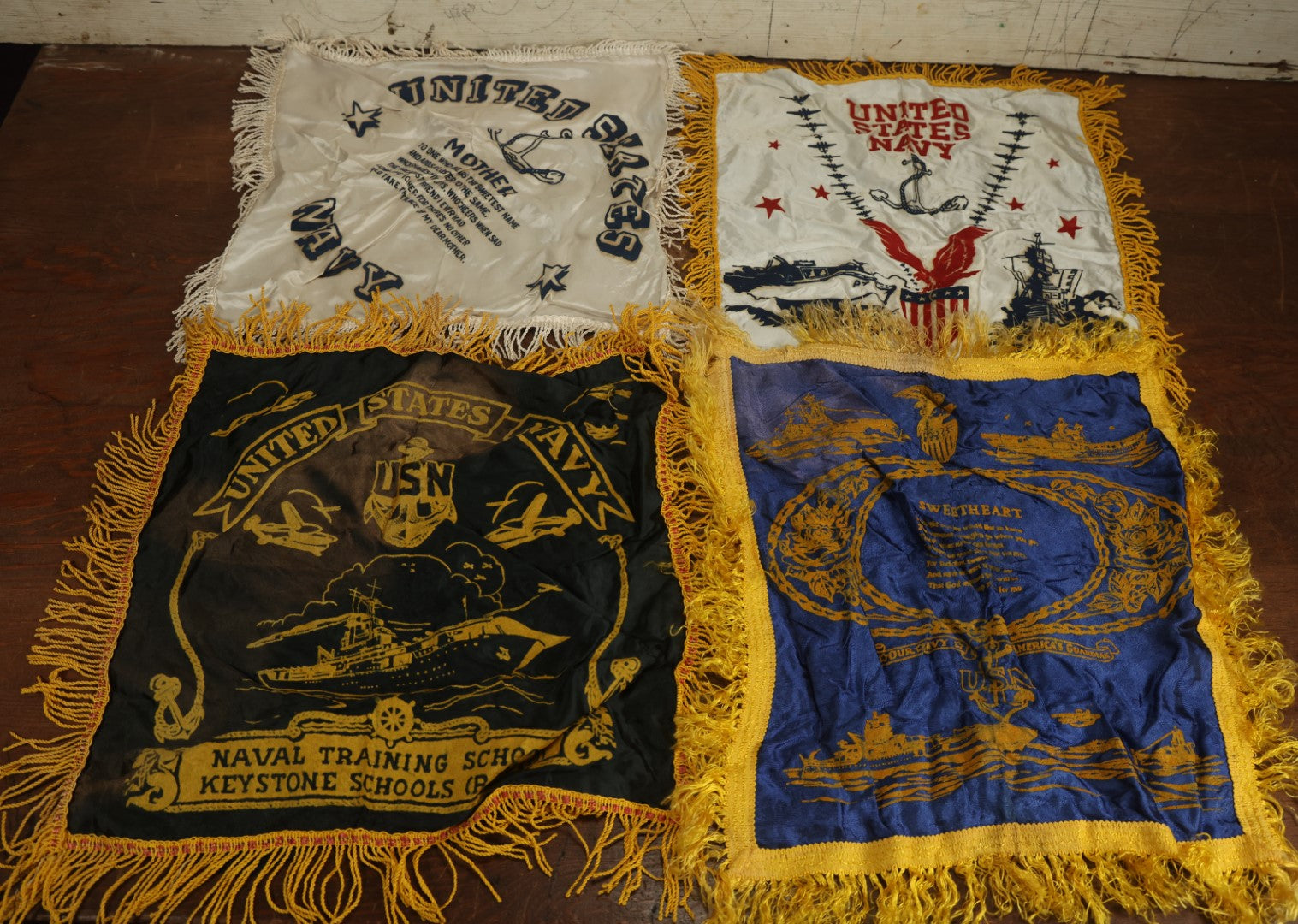 Lot 080 - Grouping Of Four Vintage World War 2 Souvenir Pillow Cases, United States Navy, Sweetheart, Mother, Naval Training School