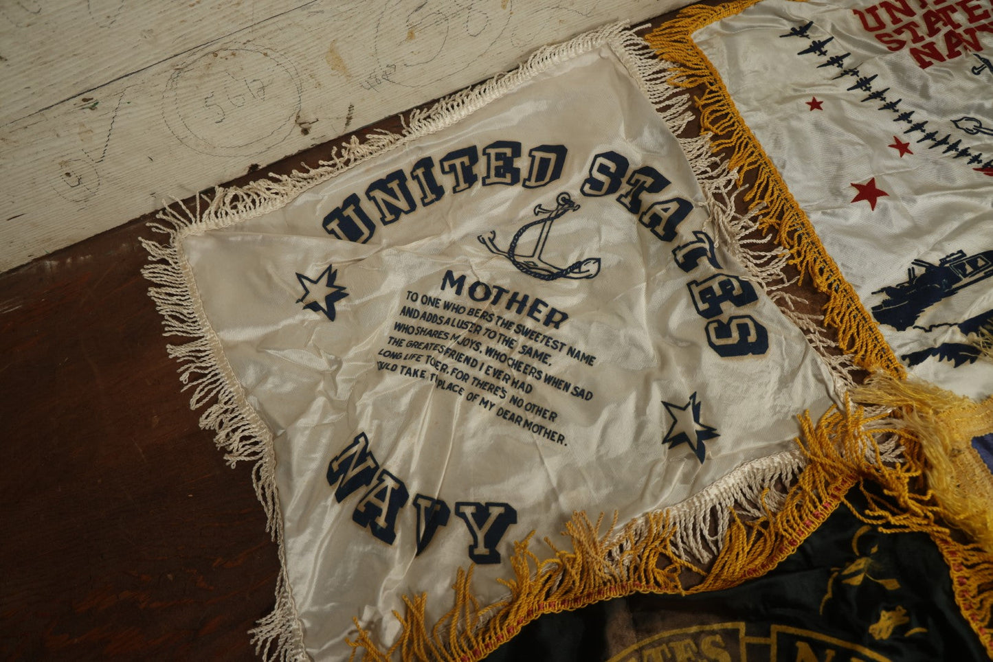 Lot 080 - Grouping Of Four Vintage World War 2 Souvenir Pillow Cases, United States Navy, Sweetheart, Mother, Naval Training School