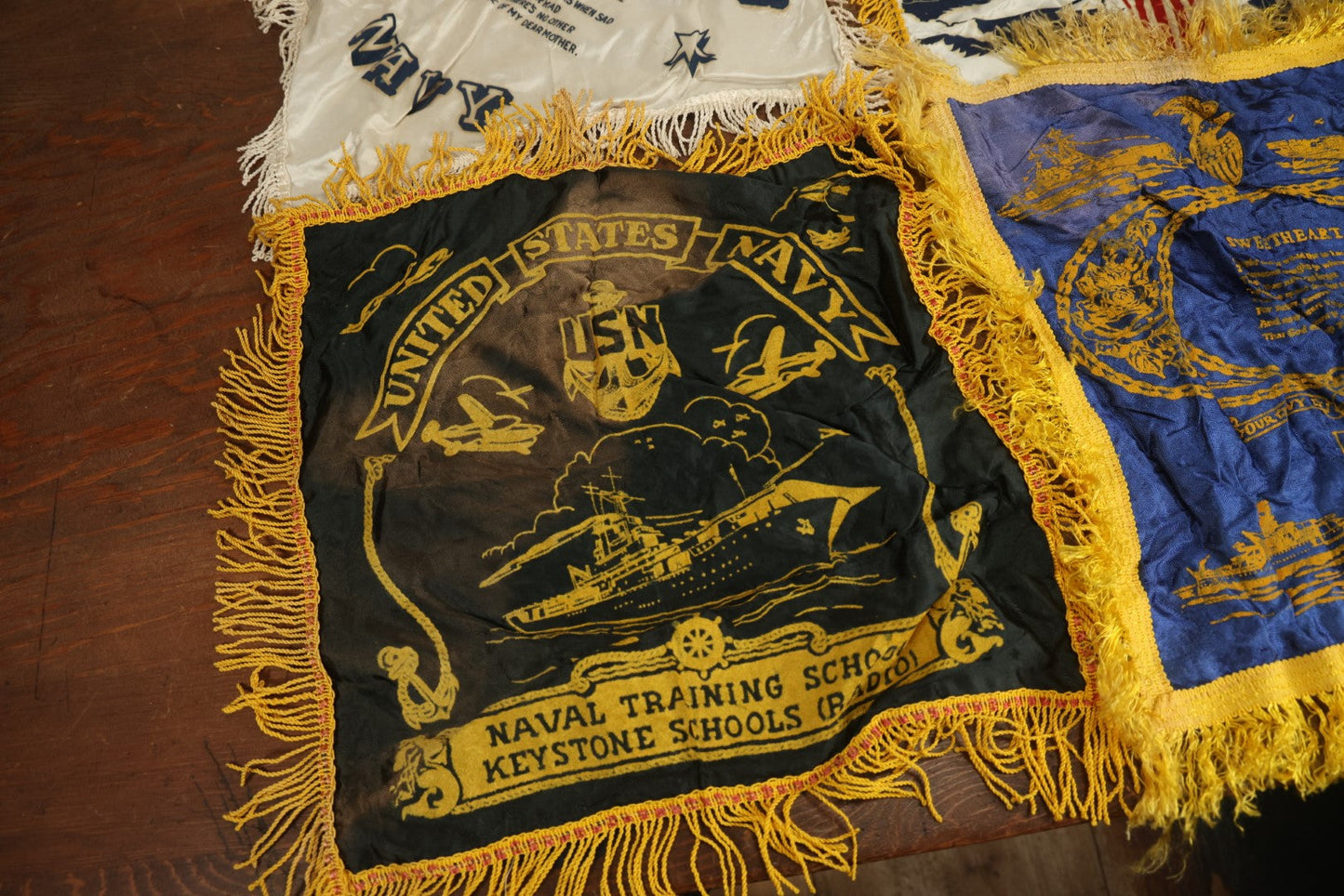 Lot 080 - Grouping Of Four Vintage World War 2 Souvenir Pillow Cases, United States Navy, Sweetheart, Mother, Naval Training School