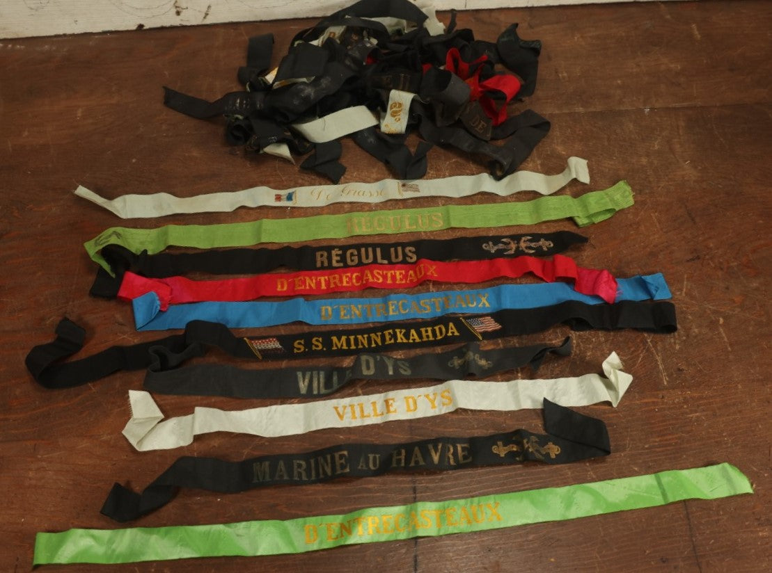 Lot 081 - Grouping Of 25+ Vintage And Antique Naval Marine Cap Bands, Sailors Hat Bands, United States And Foreign Navies