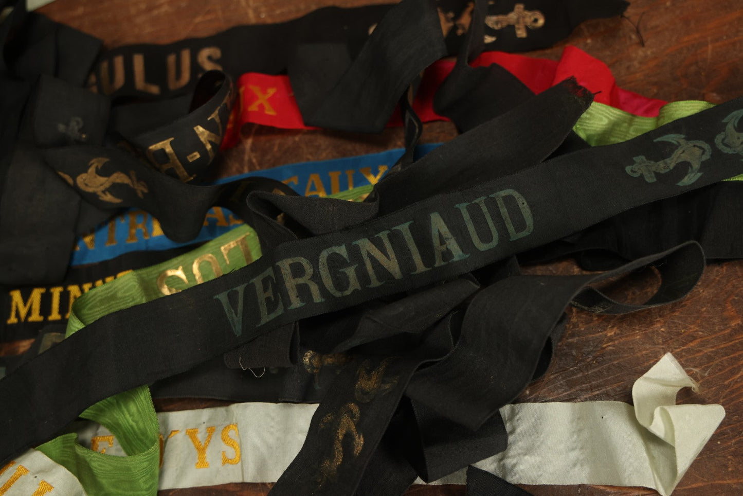 Lot 081 - Grouping Of 25+ Vintage And Antique Naval Marine Cap Bands, Sailors Hat Bands, United States And Foreign Navies