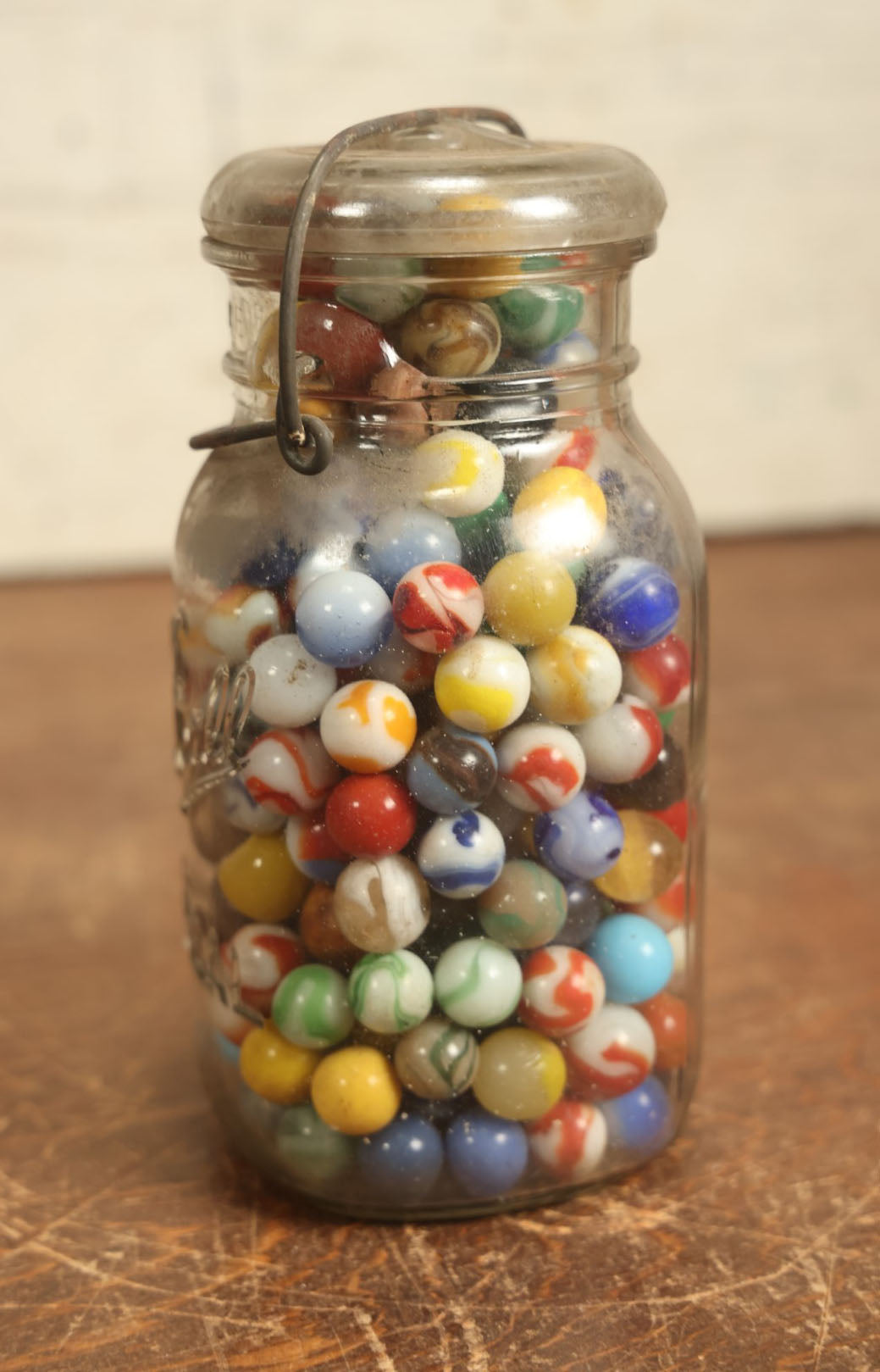 Lot 091 - Large Mason Jar Full Of Antique And Vintage Marbles, 200+