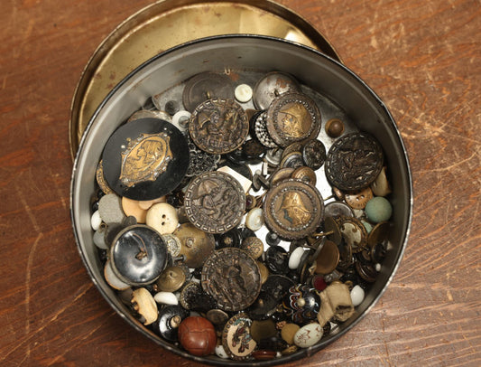 Lot 093 - Tin Of Many, Many Vintage And Antique Buttons Of Various Subjects And Styles, Decorative, Napoleon And More