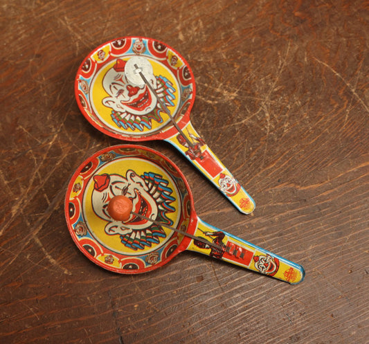 Lot 096 - Pair Of Tin Lithograph Clown Noisemakers, Clapper Style, By Us Metal Toy Manufacturing Company