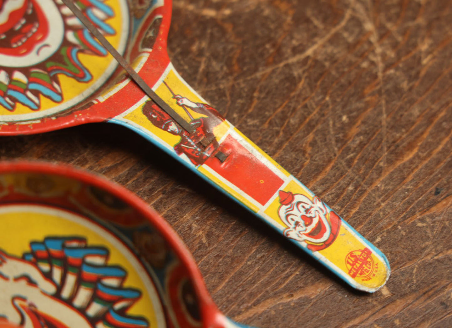 Lot 096 - Pair Of Tin Lithograph Clown Noisemakers, Clapper Style, By Us Metal Toy Manufacturing Company