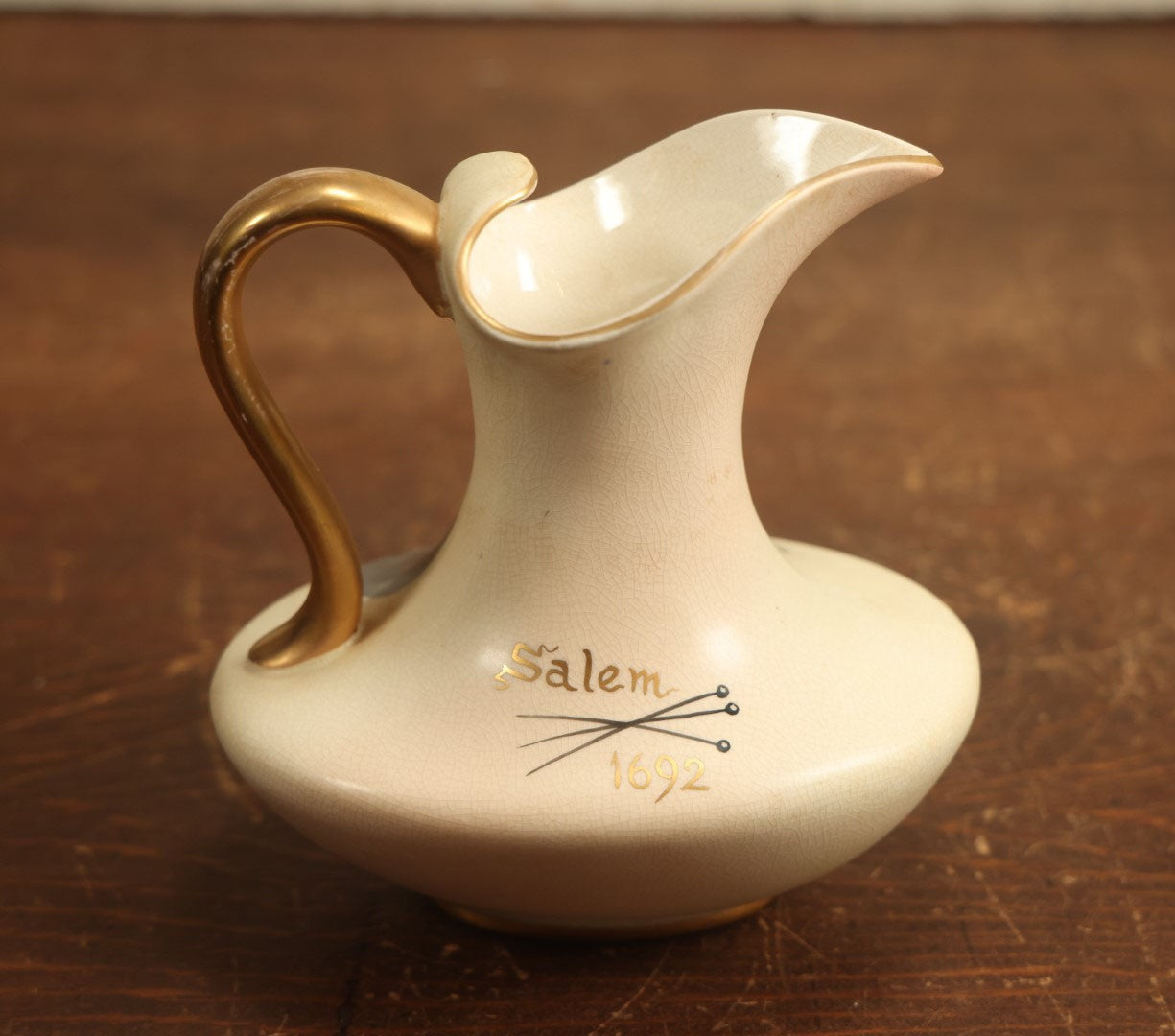 Lot 001 - Antique Salem 1692 Witch Painted Pottery Pitcher, Hampshire Pottery For Daniel Low & Co., Salem, Circa 1895