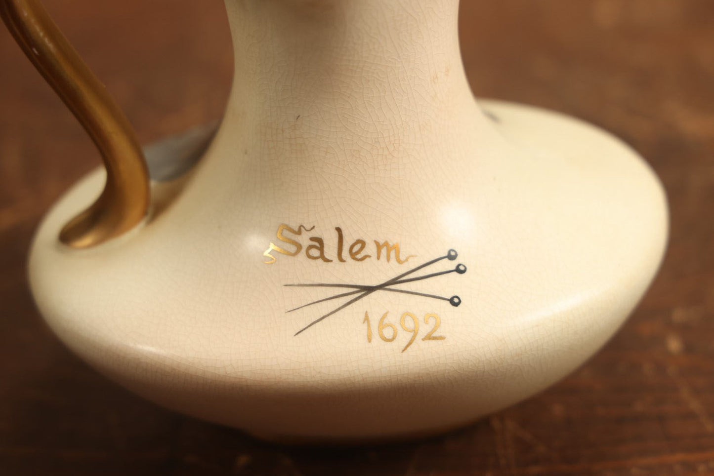 Lot 001 - Antique Salem 1692 Witch Painted Pottery Pitcher, Hampshire Pottery For Daniel Low & Co., Salem, Circa 1895