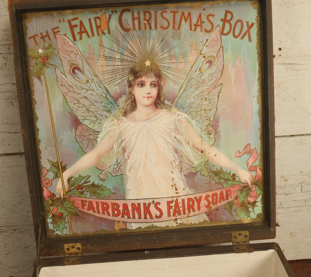 Lot 002 - Antique "The Fairy Christmas Box" Fairbanks Fairy Soap Finger Jointed Wooden Box With Original Lithograph Interior, Copyright 1898, G.H. Buek & Co. Lithographers