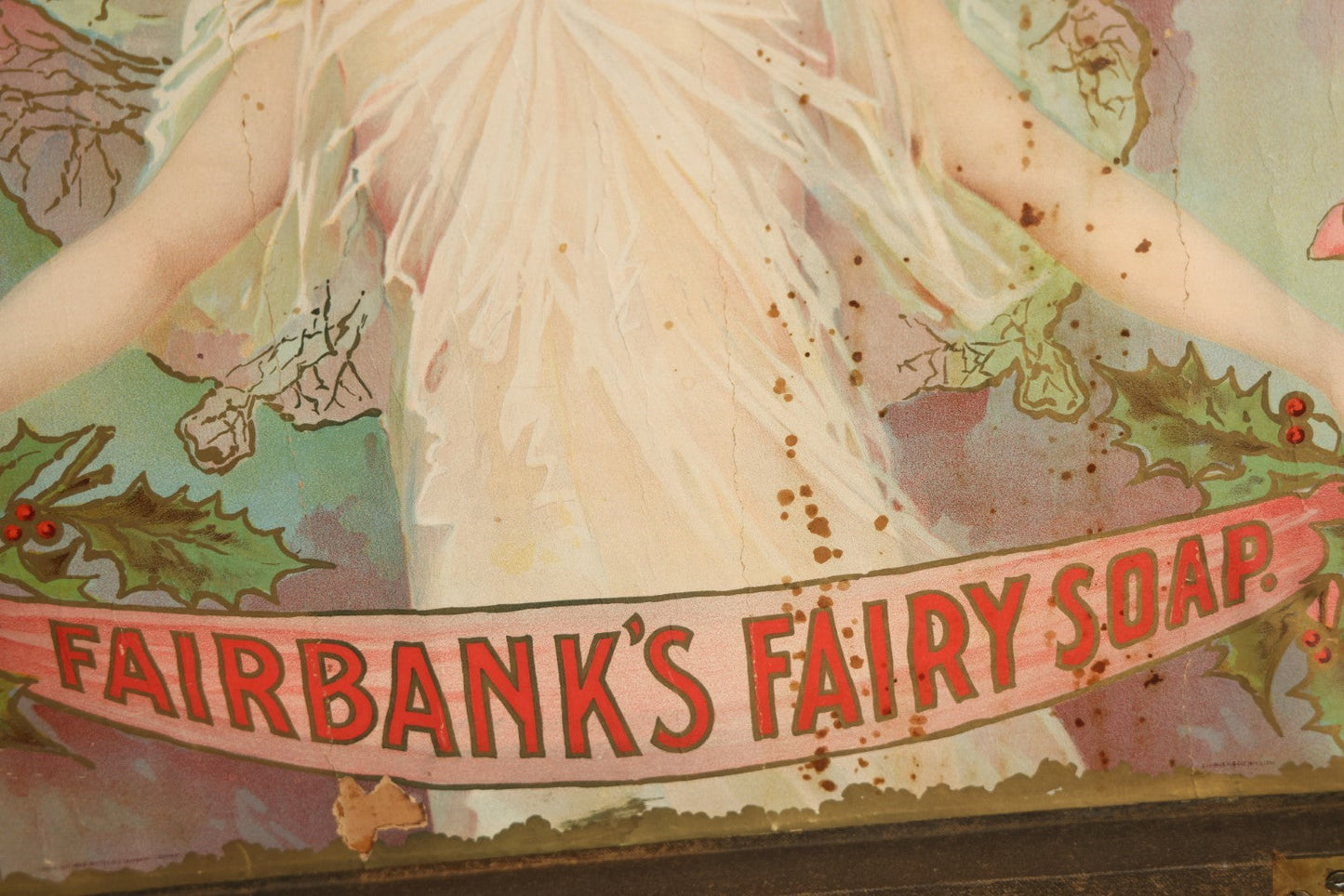 Lot 002 - Antique "The Fairy Christmas Box" Fairbanks Fairy Soap Finger Jointed Wooden Box With Original Lithograph Interior, Copyright 1898, G.H. Buek & Co. Lithographers