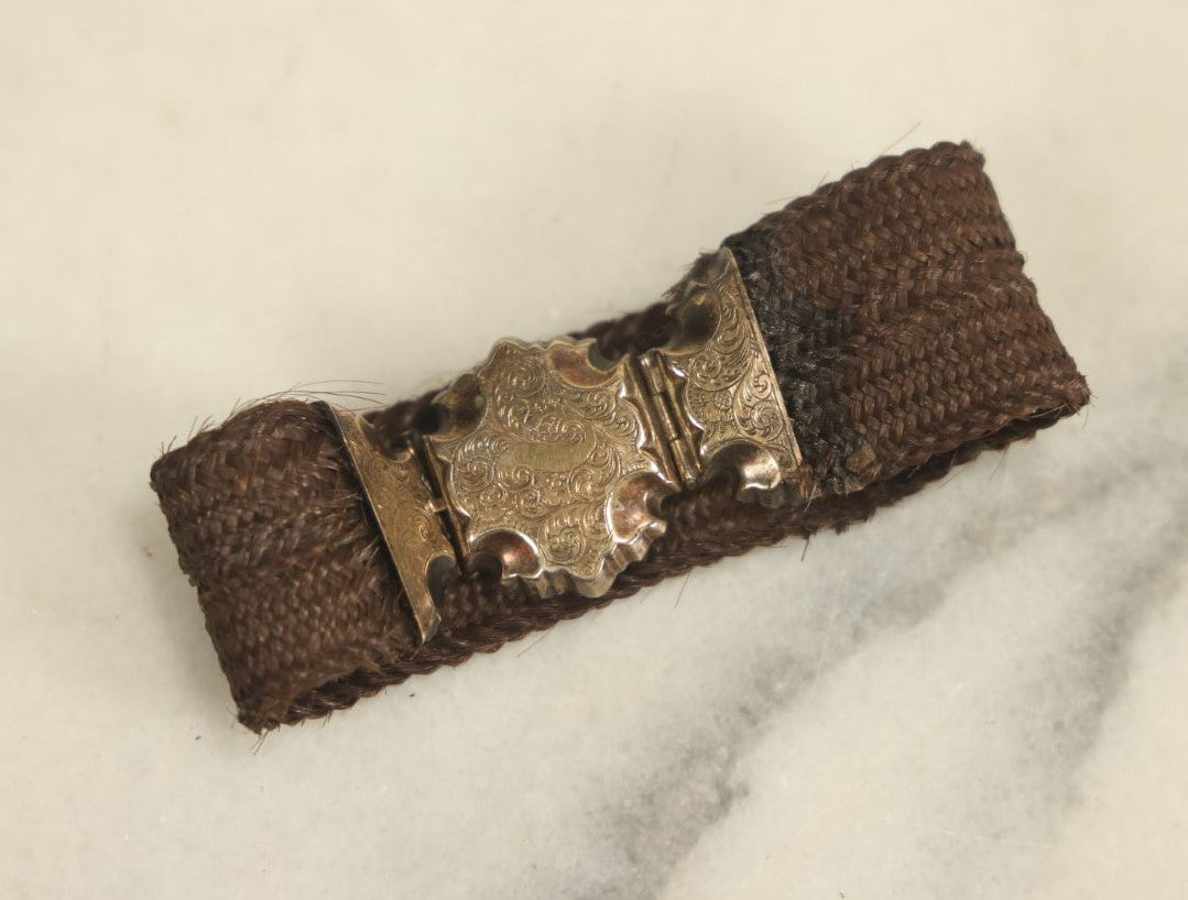 Lot 004 - Victorian Hair Work Bracelet With Gold Toned Etched Center Clasp, About 6-1/4" In Overall Length 