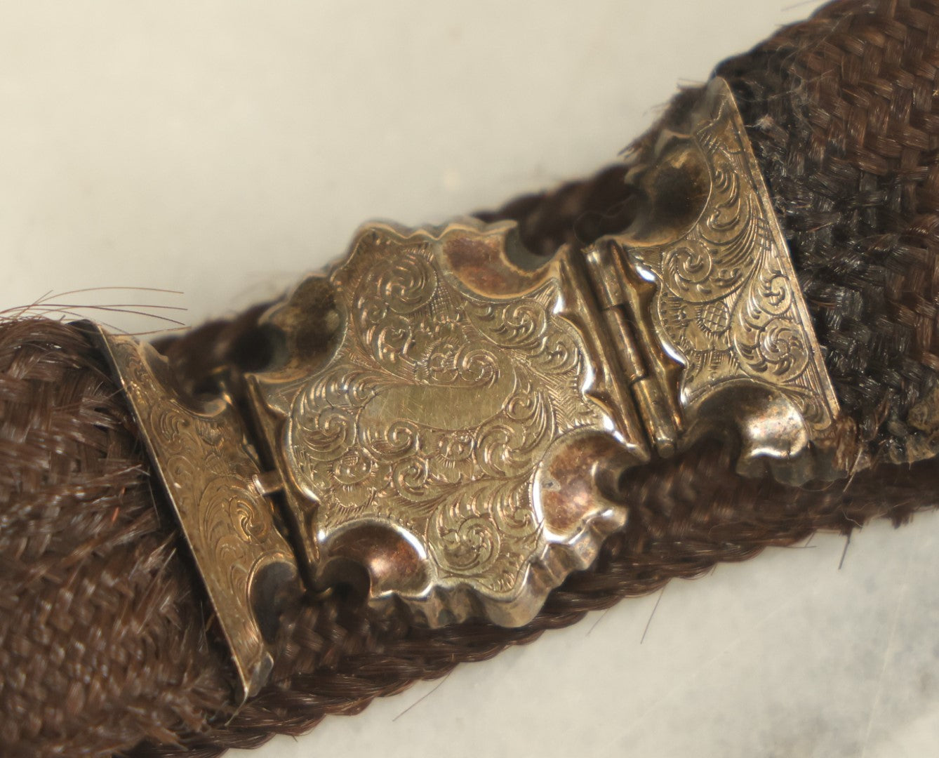 Lot 004 - Victorian Hair Work Bracelet With Gold Toned Etched Center Clasp, About 6-1/4" In Overall Length