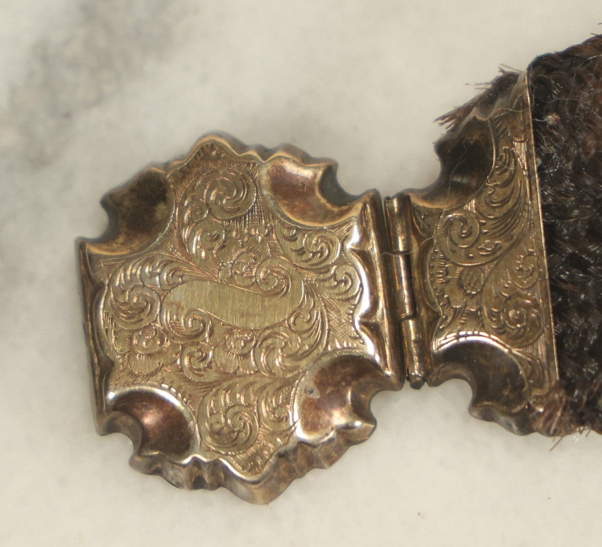 Lot 004 - Victorian Hair Work Bracelet With Gold Toned Etched Center Clasp, About 6-1/4" In Overall Length