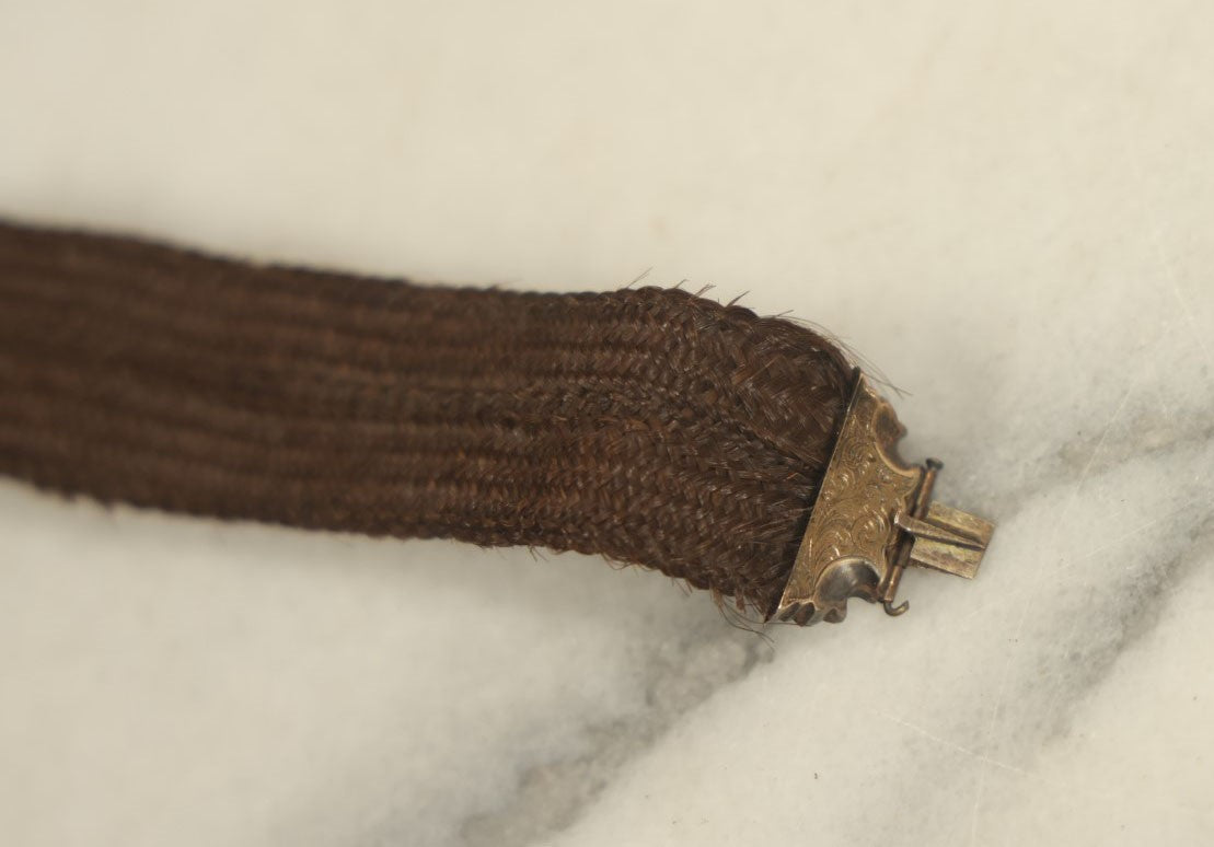 Lot 004 - Victorian Hair Work Bracelet With Gold Toned Etched Center Clasp, About 6-1/4" In Overall Length