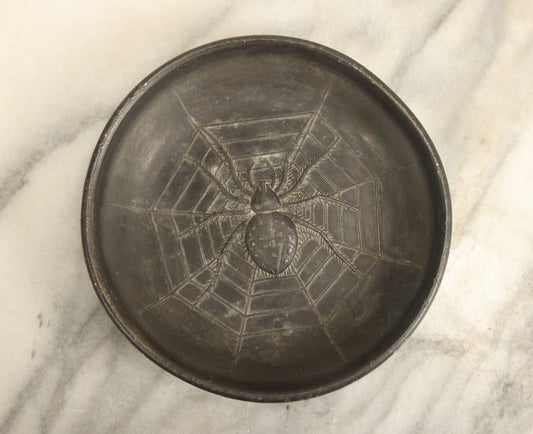 Lot 005 - Vintage Cast Bronze Metal Spider And Spiderweb Trinket Coin Dish, Spider Has Upside Down Cross On Back, Unmarked