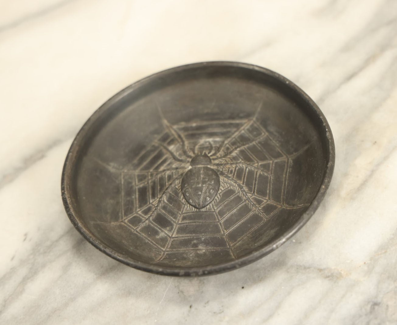 Lot 005 - Vintage Cast Bronze Metal Spider And Spiderweb Trinket Coin Dish, Spider Has Upside Down Cross On Back, Unmarked