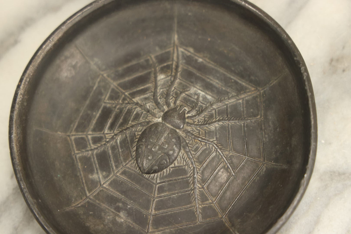 Lot 005 - Vintage Cast Bronze Metal Spider And Spiderweb Trinket Coin Dish, Spider Has Upside Down Cross On Back, Unmarked