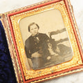 Lot 006 - Antique 1/6th Plate Ambrotype Photograph Of A Young Boy With Spaniel Dog In Full Leatherette Union Case With Blue Purple Pillow
