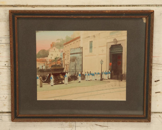 Lot 007 - Antique Hand Colored Boarded Photograph Of A Funeral In Naples, Italy, With Mysterious Hooded Figures, Large Sarcophagus, Titled "Naples, Un Enterrement," In Frame