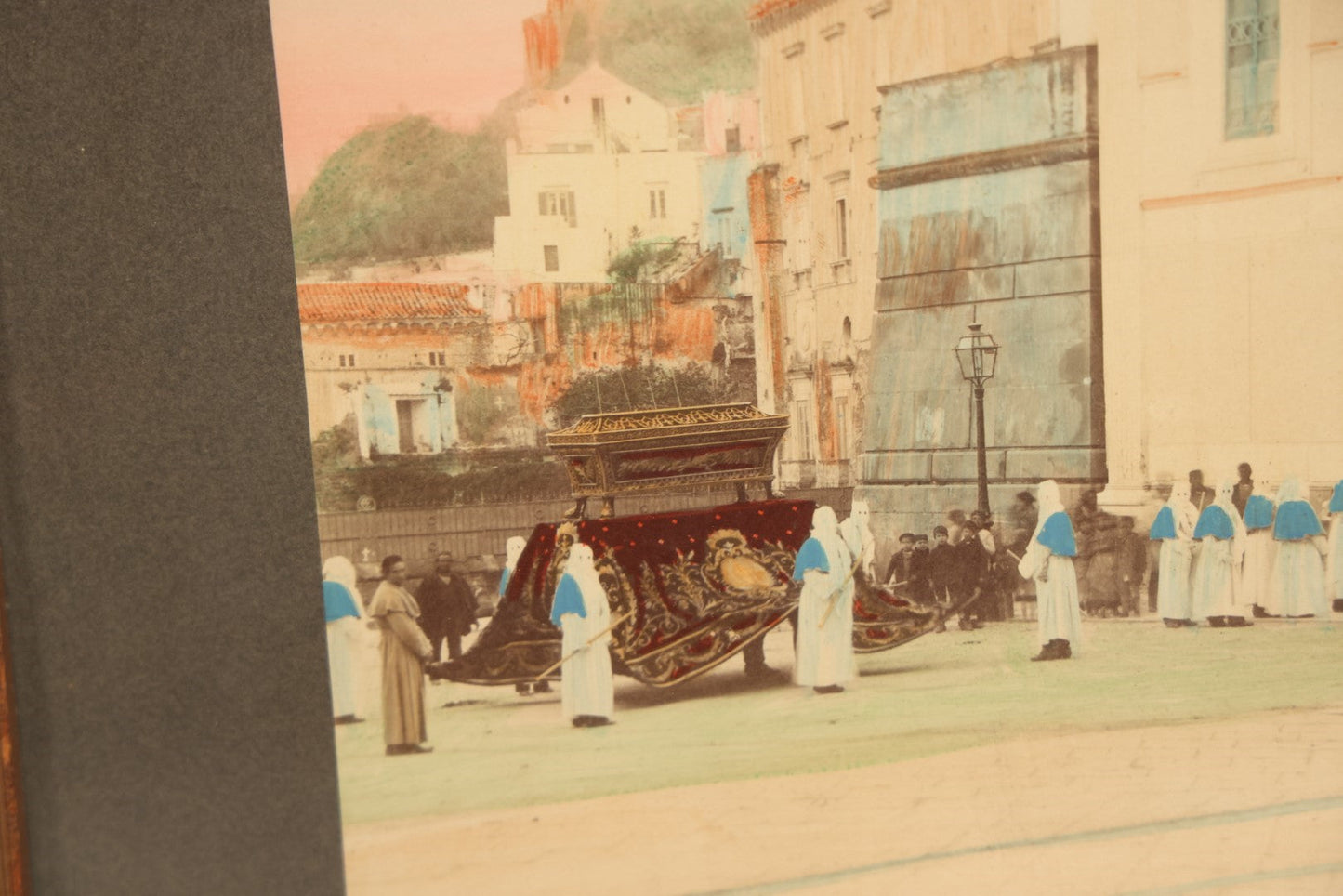 Lot 007 - Antique Hand Colored Boarded Photograph Of A Funeral In Naples, Italy, With Mysterious Hooded Figures, Large Sarcophagus, Titled "Naples, Un Enterrement," In Frame