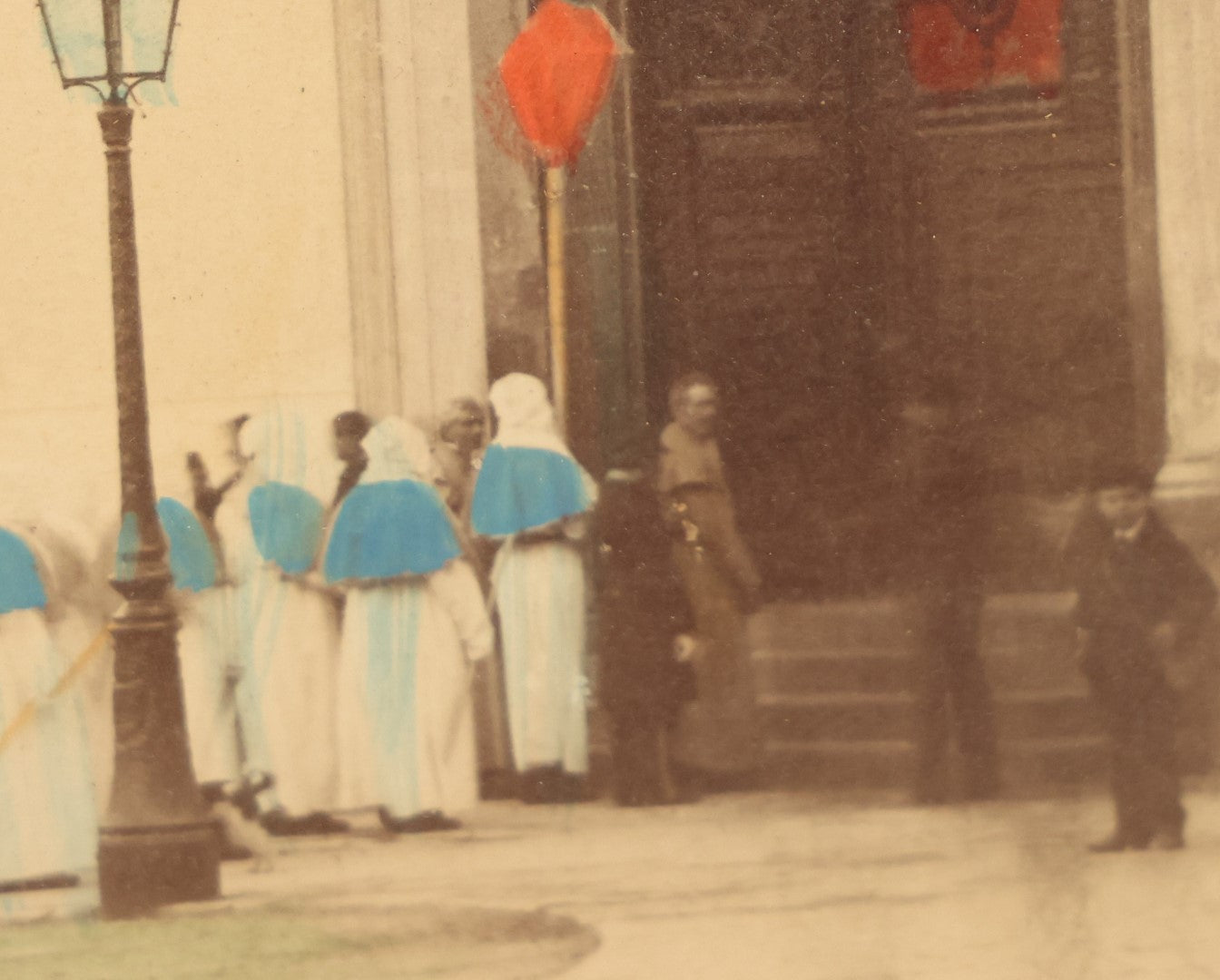 Lot 007 - Antique Hand Colored Boarded Photograph Of A Funeral In Naples, Italy, With Mysterious Hooded Figures, Large Sarcophagus, Titled "Naples, Un Enterrement," In Frame