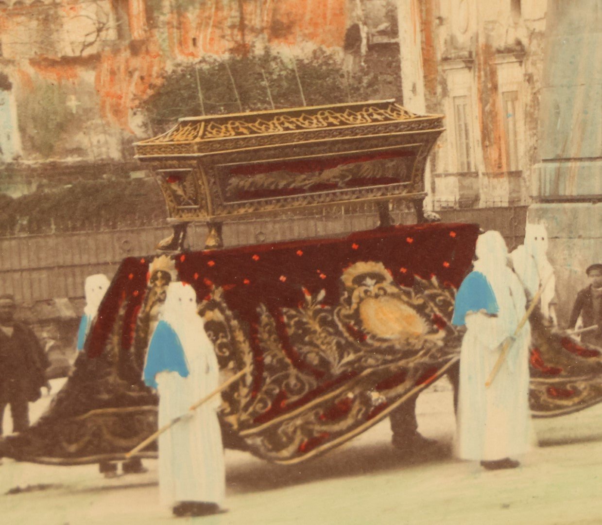 Lot 007 - Antique Hand Colored Boarded Photograph Of A Funeral In Naples, Italy, With Mysterious Hooded Figures, Large Sarcophagus, Titled "Naples, Un Enterrement," In Frame